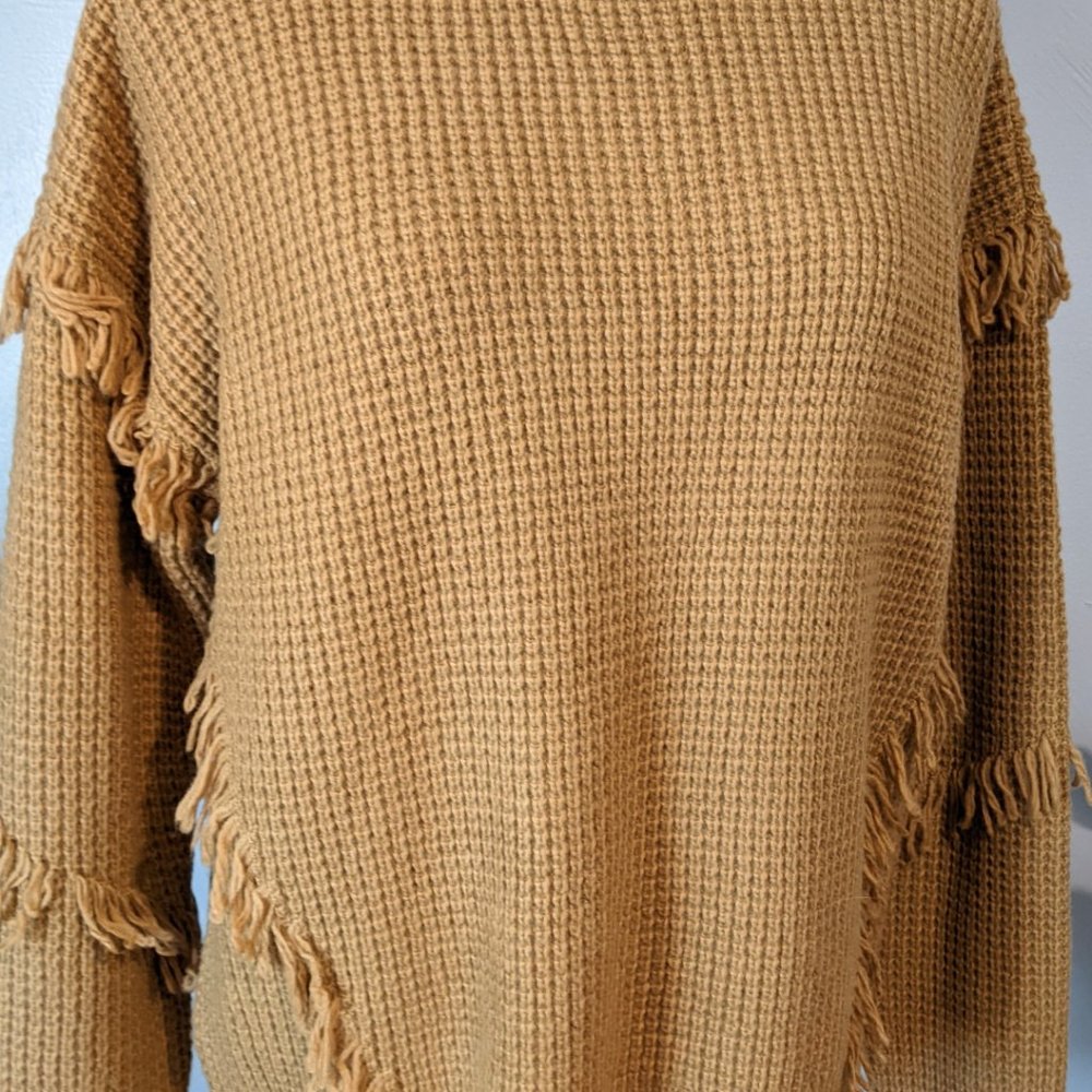 Michael Kors Dark Camel Mock Neck Fringe Details Knit Sweater Women's Size M NWT